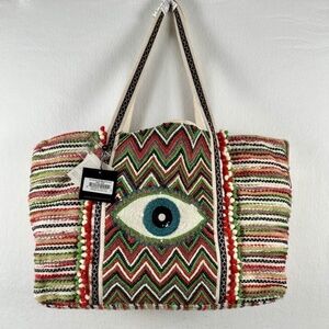 America & Beyond Evil Eye Embroidered Beaded Tote NWT Evergreen Forest Boho